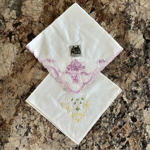 Vintage Embroidered White Cotton Handkerchiefs with Floral Accents Victorian
